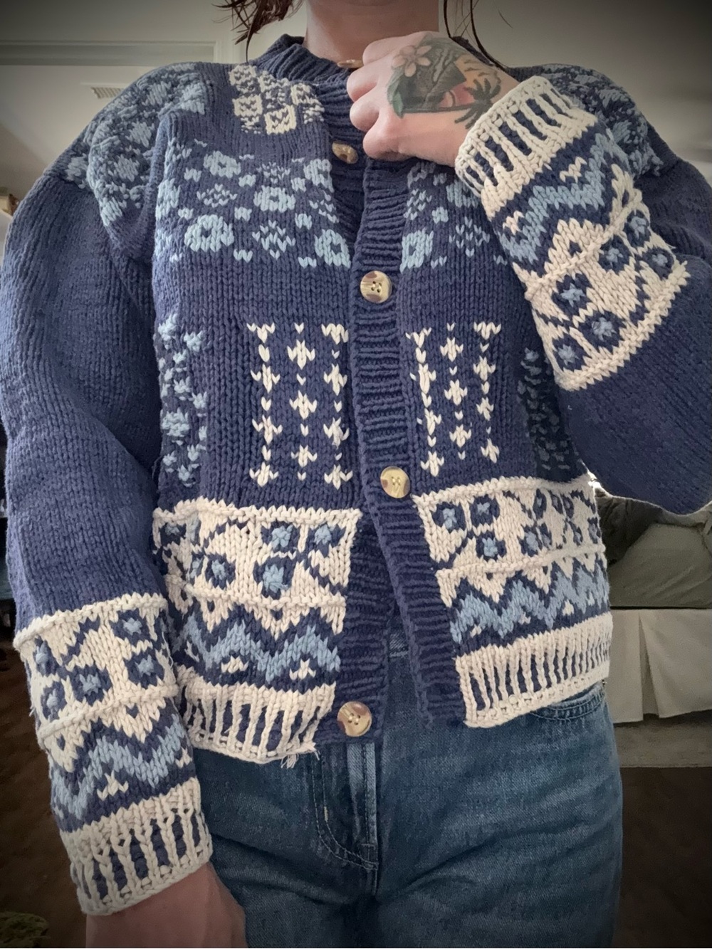 Coastal Blue Patterned Knit Cardigan Sweater